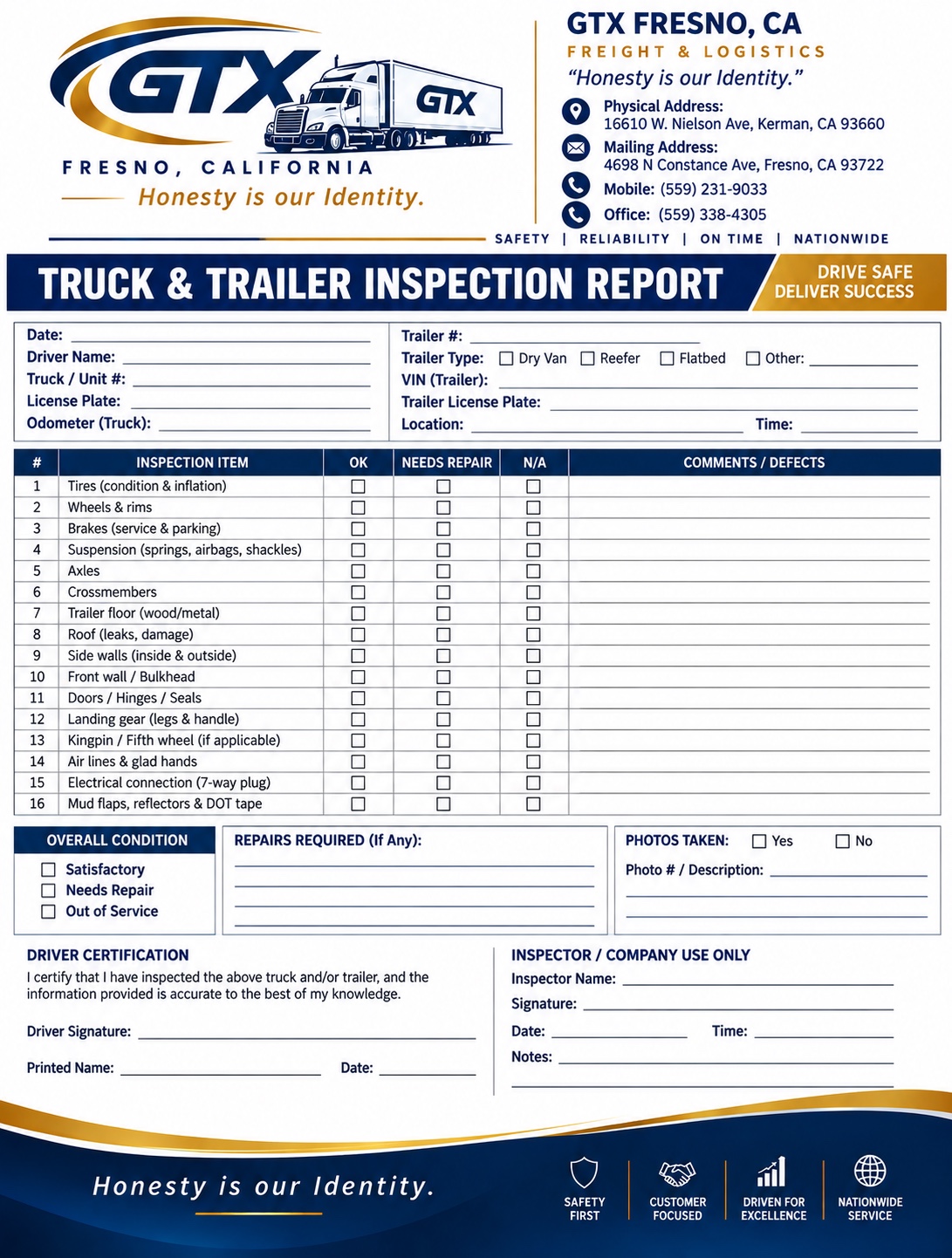 Truck & Trailer Inspection Report
